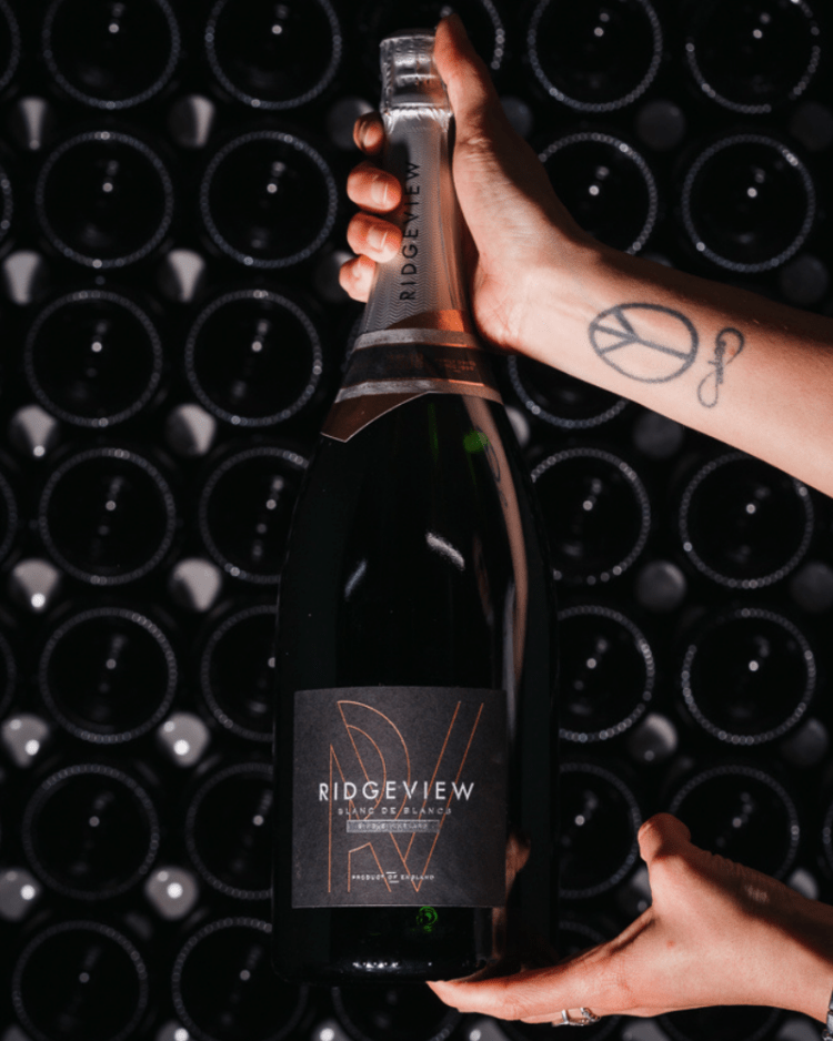 Ridgeview Wine Estate, English Sparkling Wine, Blanc de Blancs held up in front of bottles in our cellar