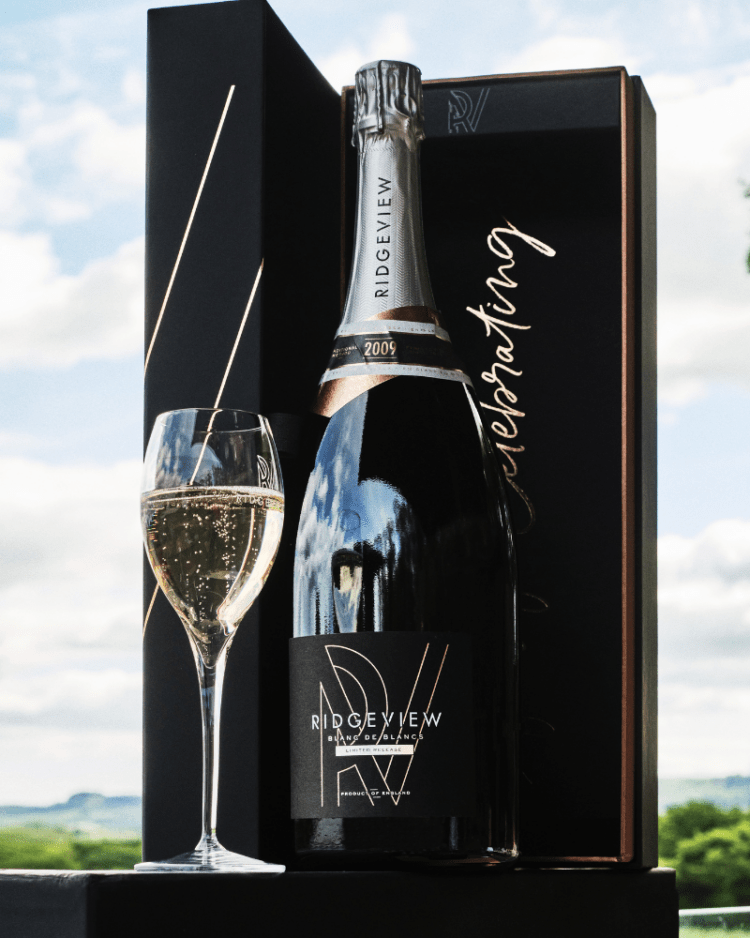 Ridgeview Wine Estate, English Sparkling Wine Magnum Blanc de Blancs in front of our Chardonnay Vineyard and a bespoke gift box
